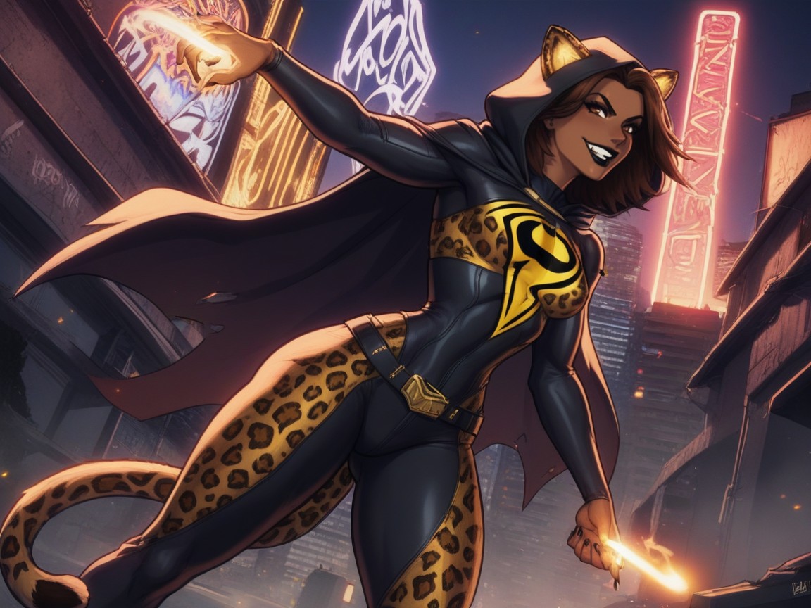 Neon City Background With Graffiti Walls, Black Super Hero Mask, Glowing Neon Leopard Claws Porno IA Latina