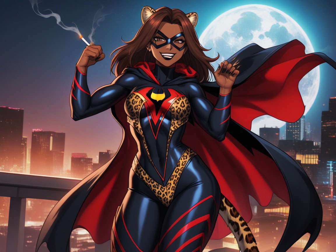 Wearing Leopard Print Black Superhero Clothes, Mischievous Pretty Face, Bounce Lines Latina AI Porn