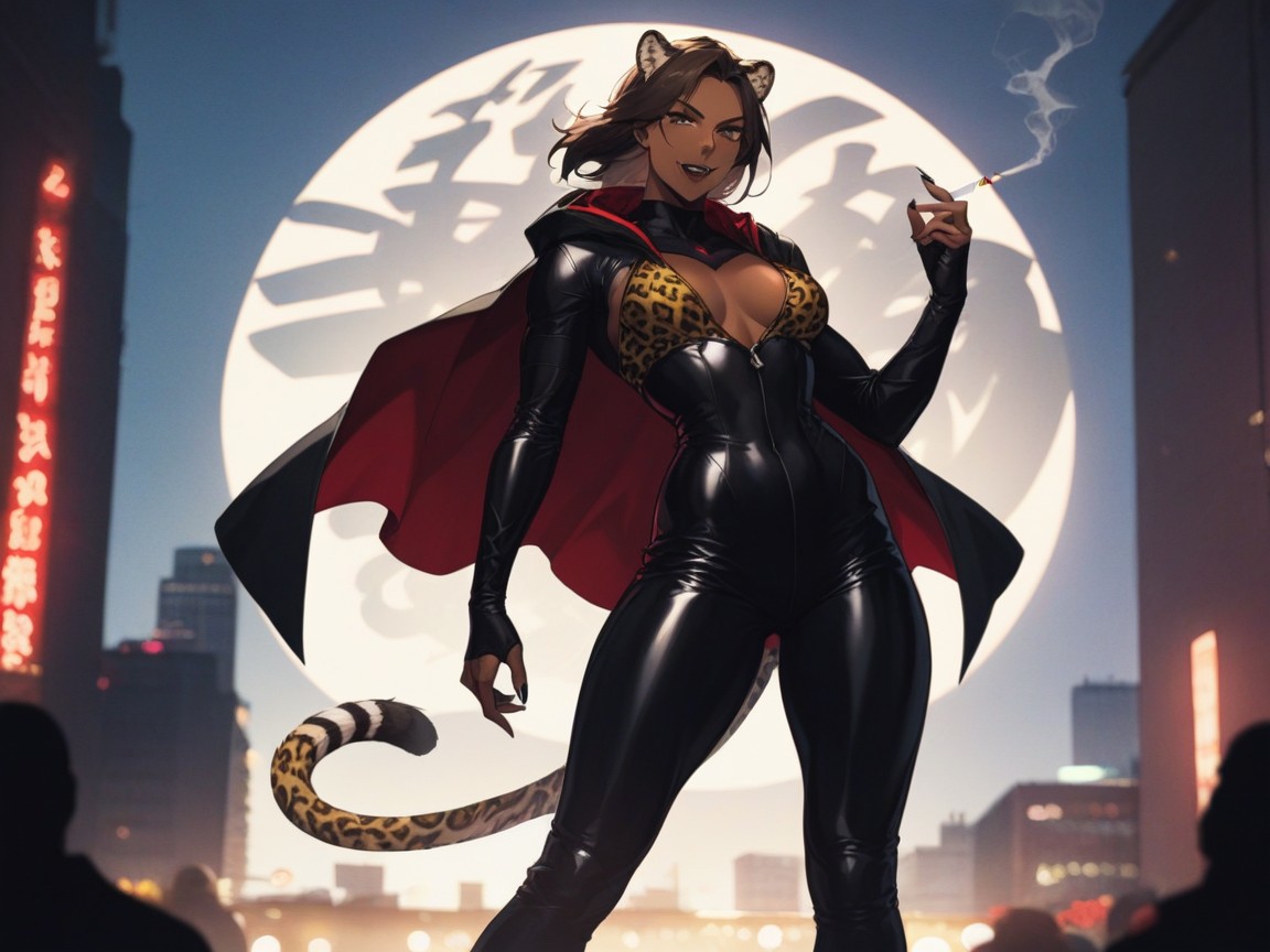 Leather Skin Tight Body Suit, Cigarette In Mouth, Neon City Background With Graffiti Walls Hentai AI Porn