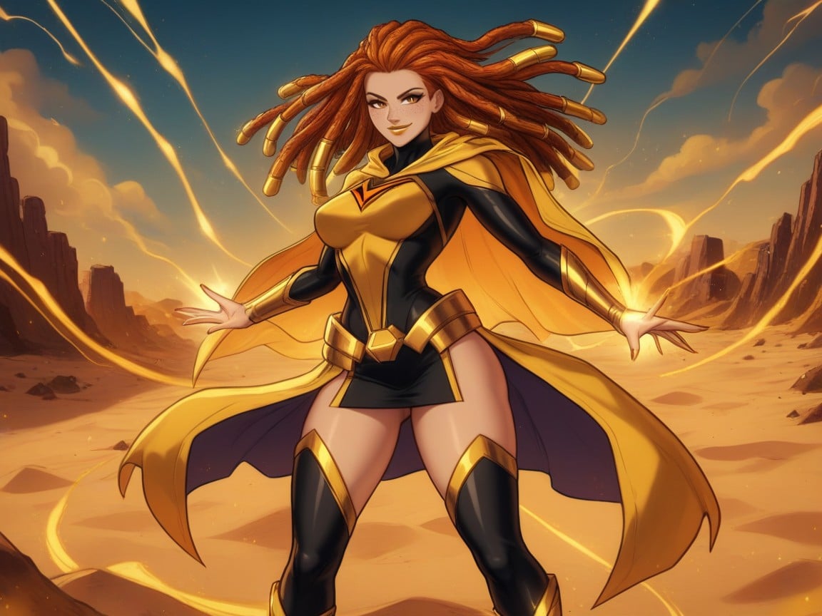 Ginger, Glowing Golden Sand Particles Clinging To Skin, Amber Eyes Latina AI Porn