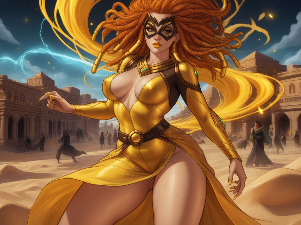 Sardas, Wearing Gold Silk Superhero Clothes, Olhos Castanhos Porno IA latina
