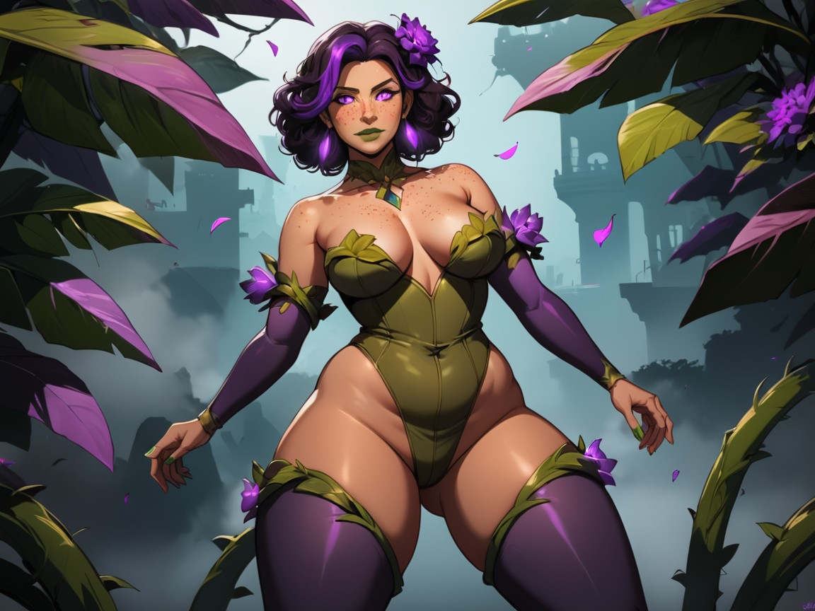 Jungle Enchantress, Glowing Purple Flora In Background, Vibrant Saturated Colors AI Porn