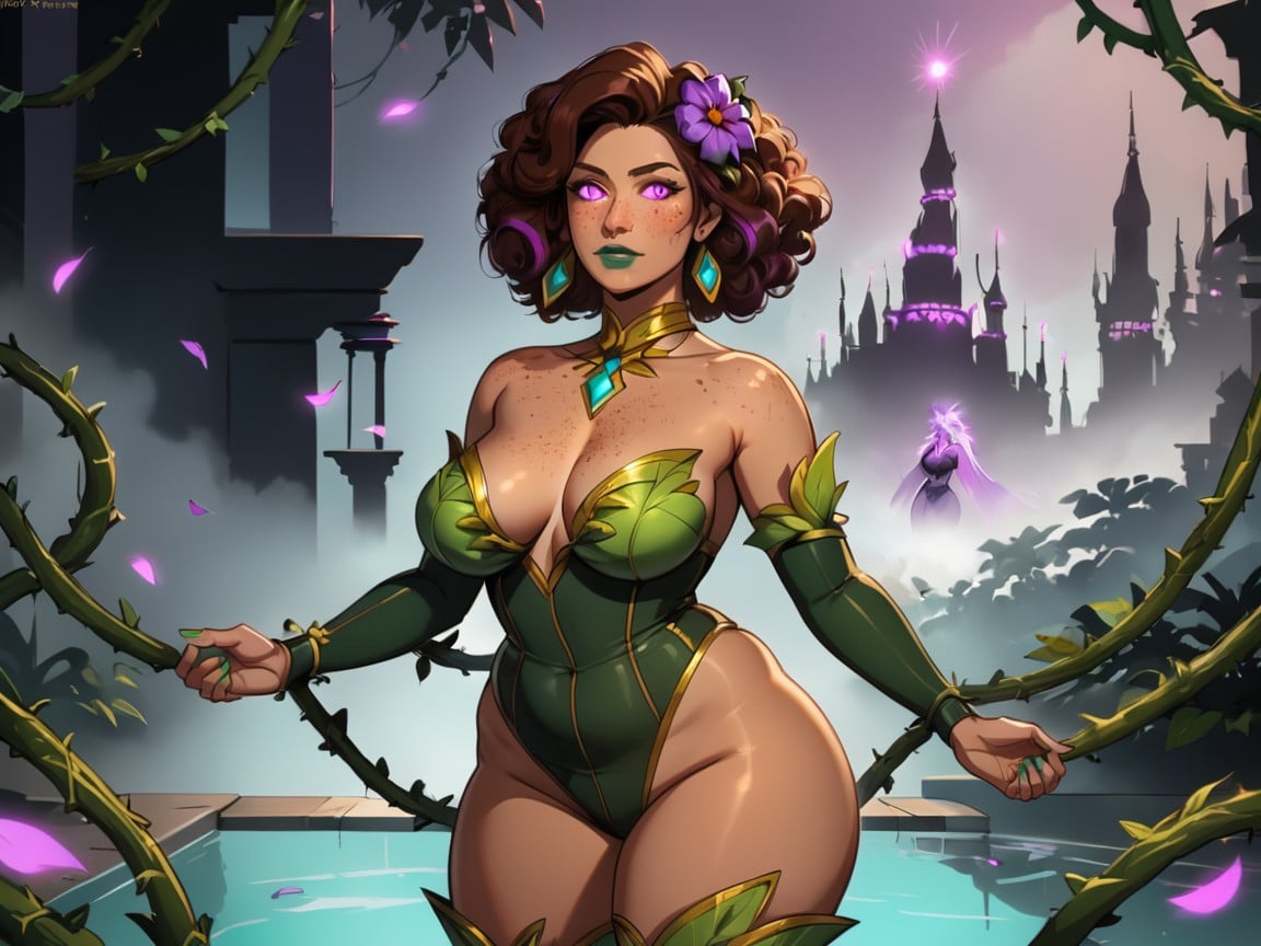 Crisp Lines And Edges, Vines Wrapping Around Arms And Thighs, Glowing Purple Flora In Background Porno IA