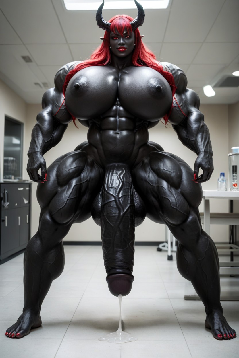 Giant Body, Toned Muscles, Gigantic Flaccid Black Cock Shemale AI Porn
