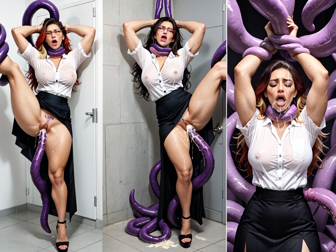Tentacles Wrap Around Her Legs, Form Fitting Black Skirt, Side View AI Porn