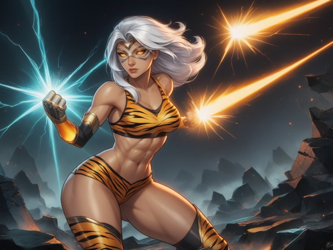 Squared Firm Breasts, Neon Silver Energy Blast In Background, Squared Chest Width Porno latina IA