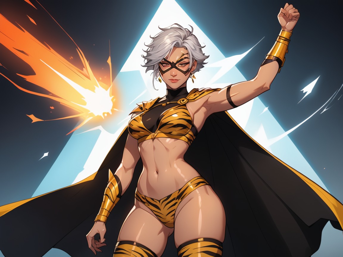 1 Persona, Silver Tiger Print Armored Sports Bra, Floating Stone Rocks In Background Porno IA
