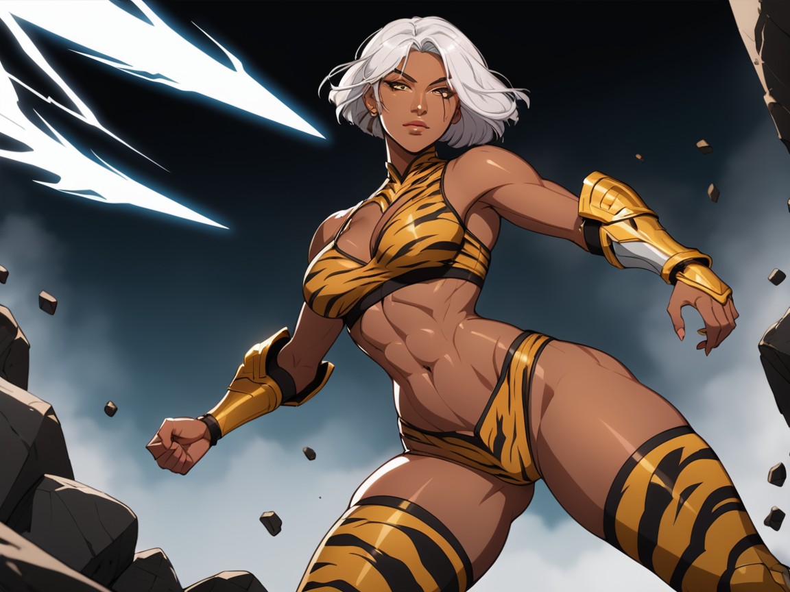18+, Wearing Silver Tiger Print Superhero Clothes, Silver Tiger Print Armored Sports Bra AI Porn