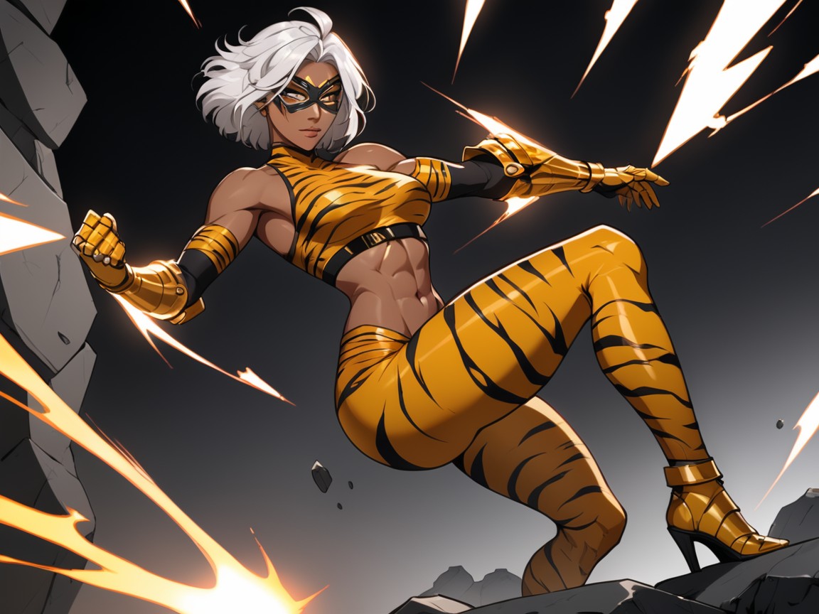 Woman Smashing Fist Into The Ground, Silver Domino Mask, Squared Hips AI Porn