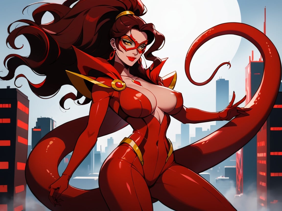 Red Snakeskin Bodysuit With Armored Trim, One Woman, Breast Implants AI Porn