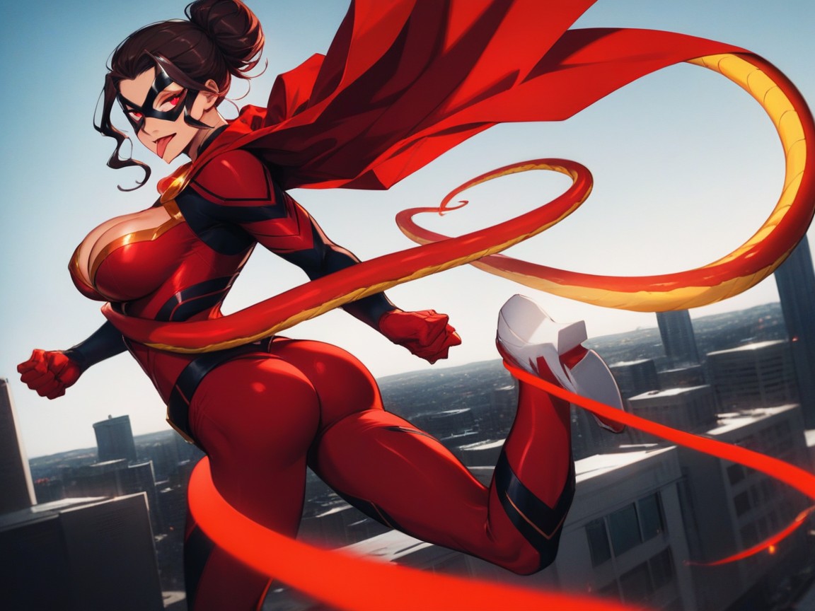Superhero, Glowing Crimson Fire Coils Spiraling Around Her Arms, Small Ass Hentai AI Porn