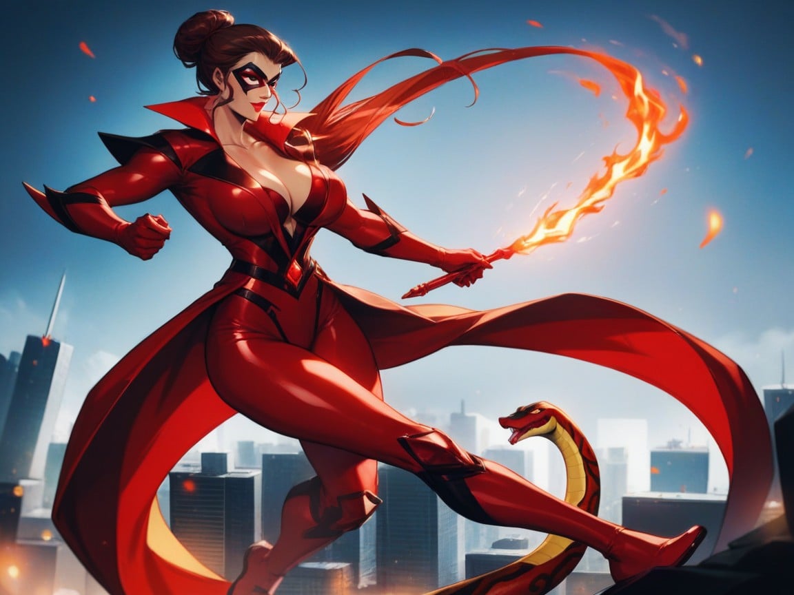 Cleavage, Fire Pillars In Distance, Dark Red Hair Hentai AI Porn