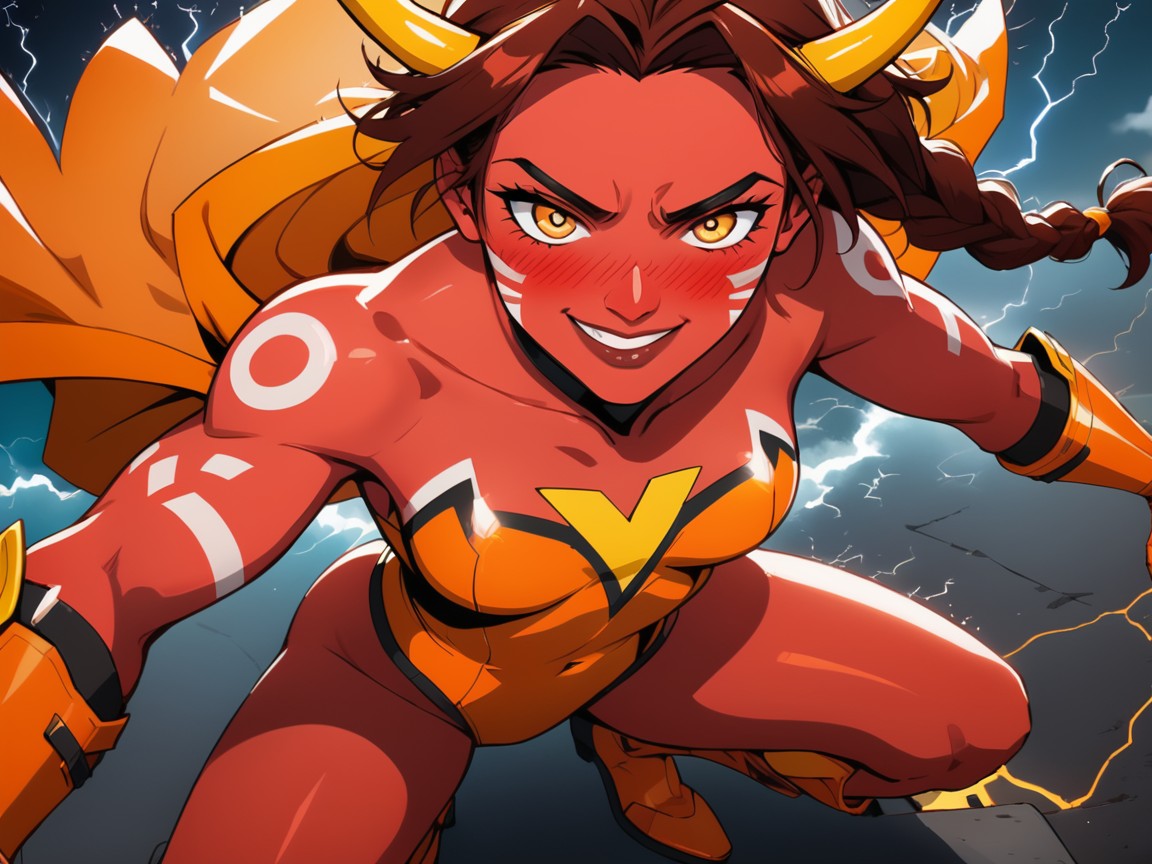 Crisp Lines And Edges, Top Down, Woman Holding Storm Spear Raised Overhead AI Porn