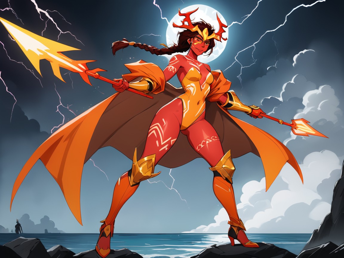 Brown Lipstick, Neon Orange Gauntlets, Low Torso Height AI Porn