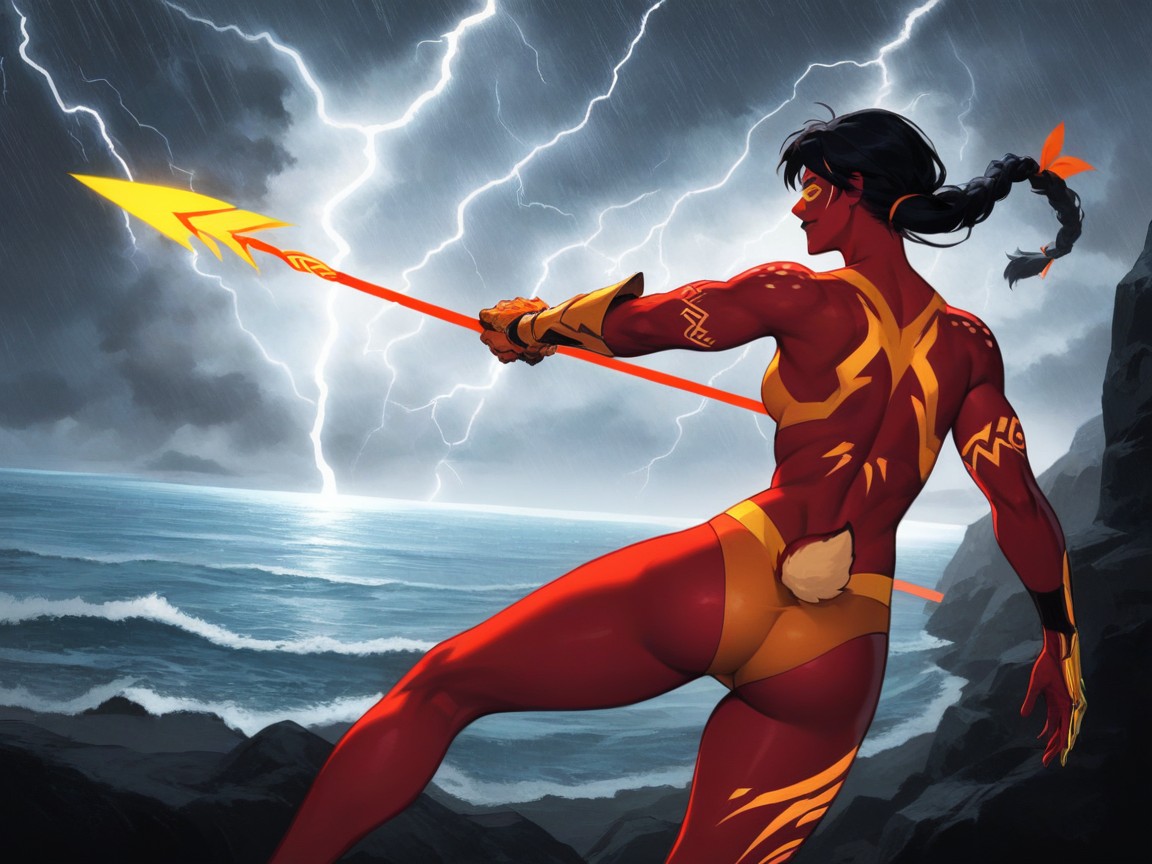 Neon Skyline In Distance, Orange Cape Whipping In Wind, Woman Holding Storm Spear Raised Overhead Hentai AI Porn