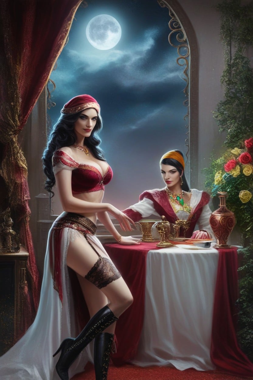 A Typical Gypsy Style Skirt Somewhat Matching The Bandana, Standing By A Beautiful Exotically Detailed, 18+ AI Porn