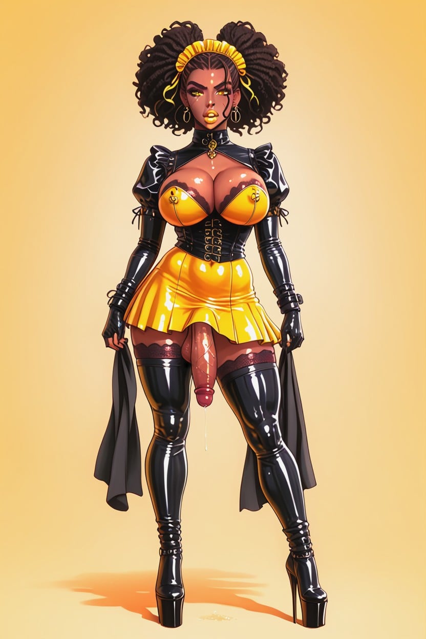 Futanari, Latex Suit, Wearing Extremely Big Black In Yellow Latex Skirt AI Porn