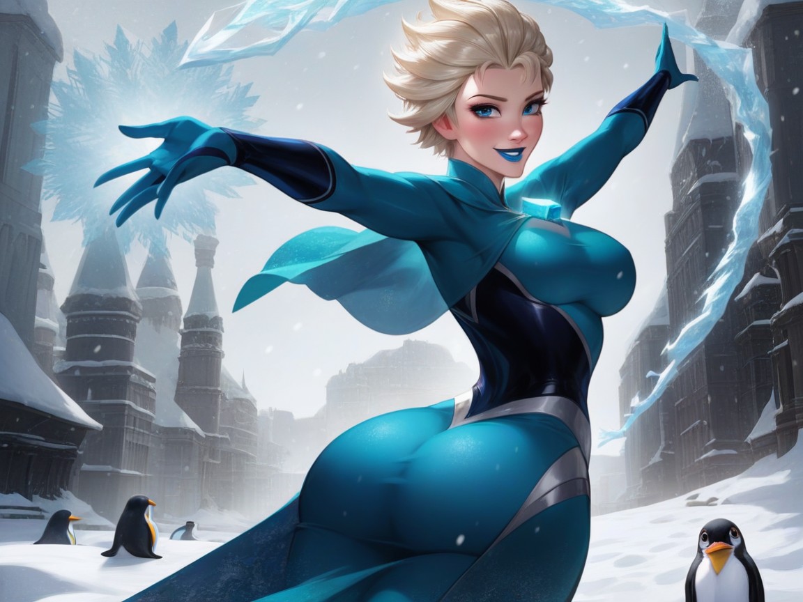 Neon Blue Glowing Ice Pendant Core, Frozen Skyscraper Rooftop, Short Length Hentai AI Porn