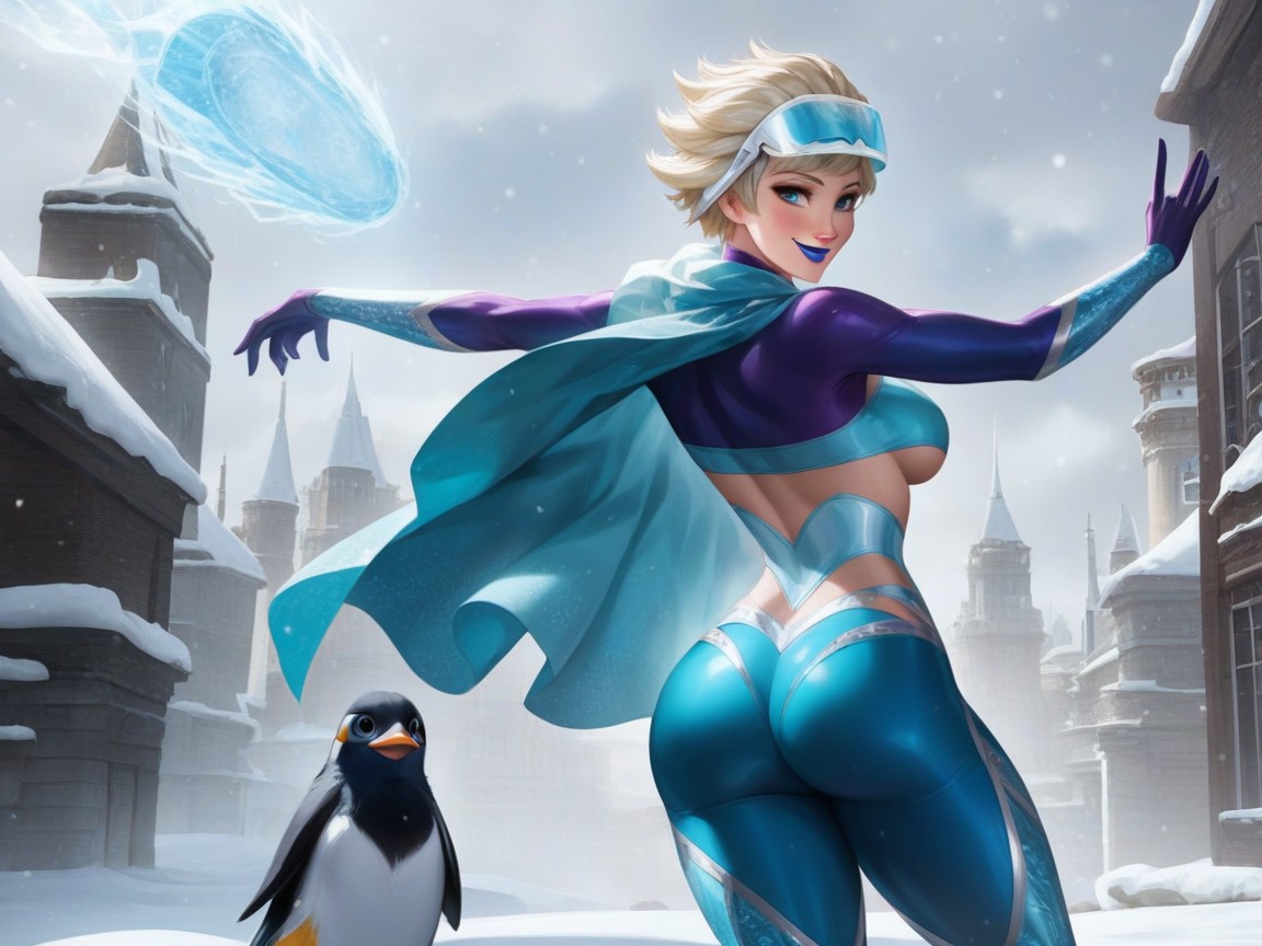 Nsfw, Platinum Blonde, Frozen Cityscape In Background Hentai AI Porn