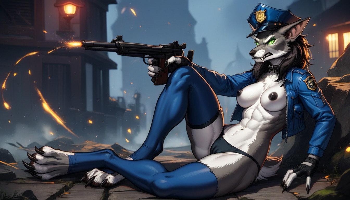 Police Hat, Midriff, Black Nipples Furry AI Porn