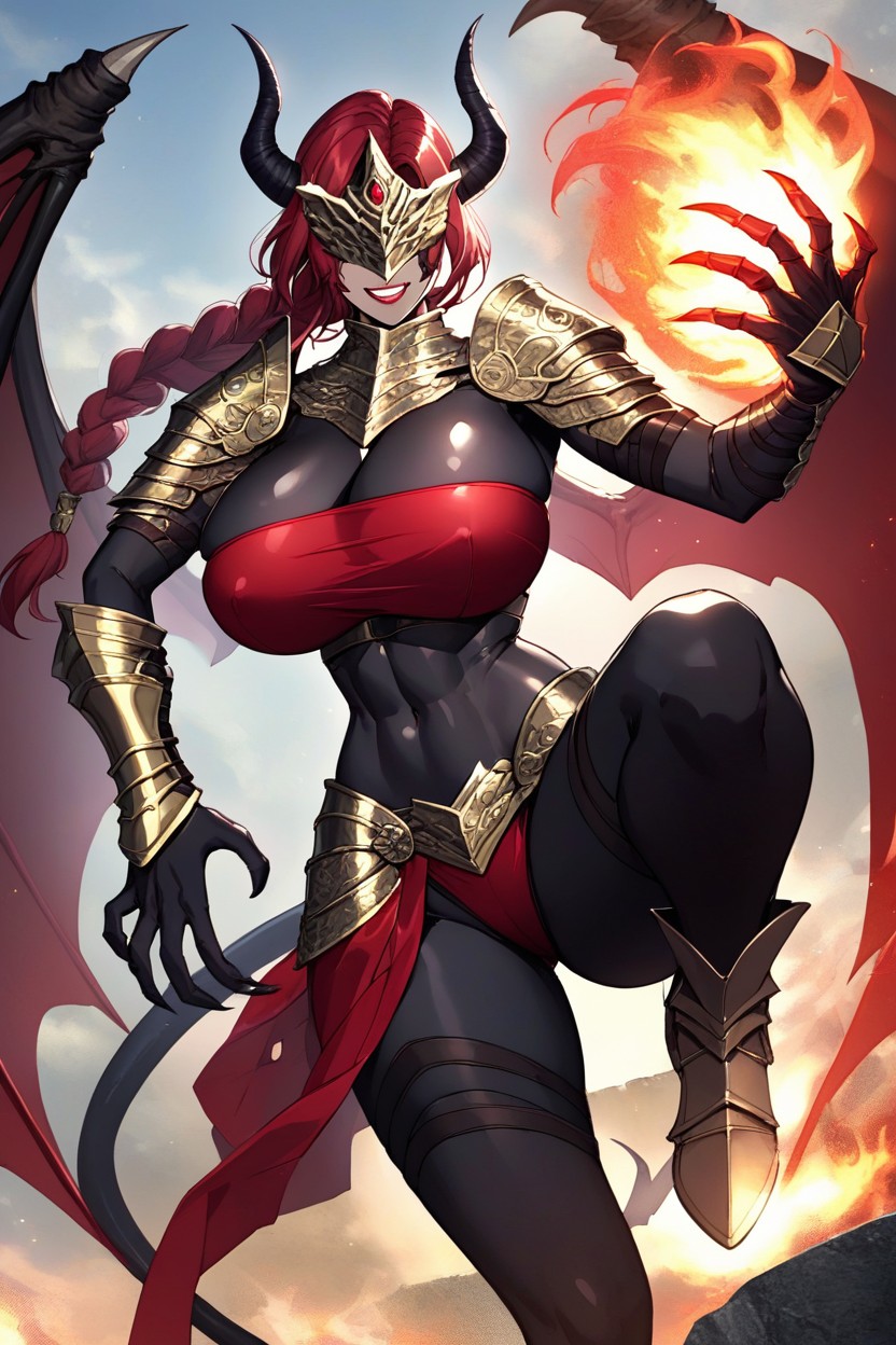 Gold Armor Gauntlets, Voluptuous, Fluffy Red Fur On Neck AI Porn