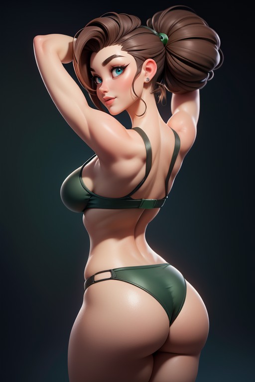 Looking Back At Viewer, Arms Up In Front Of Face As Though Hugging Upward, Sexy Woman Soldier Lady Jaye Hentai AI Porn