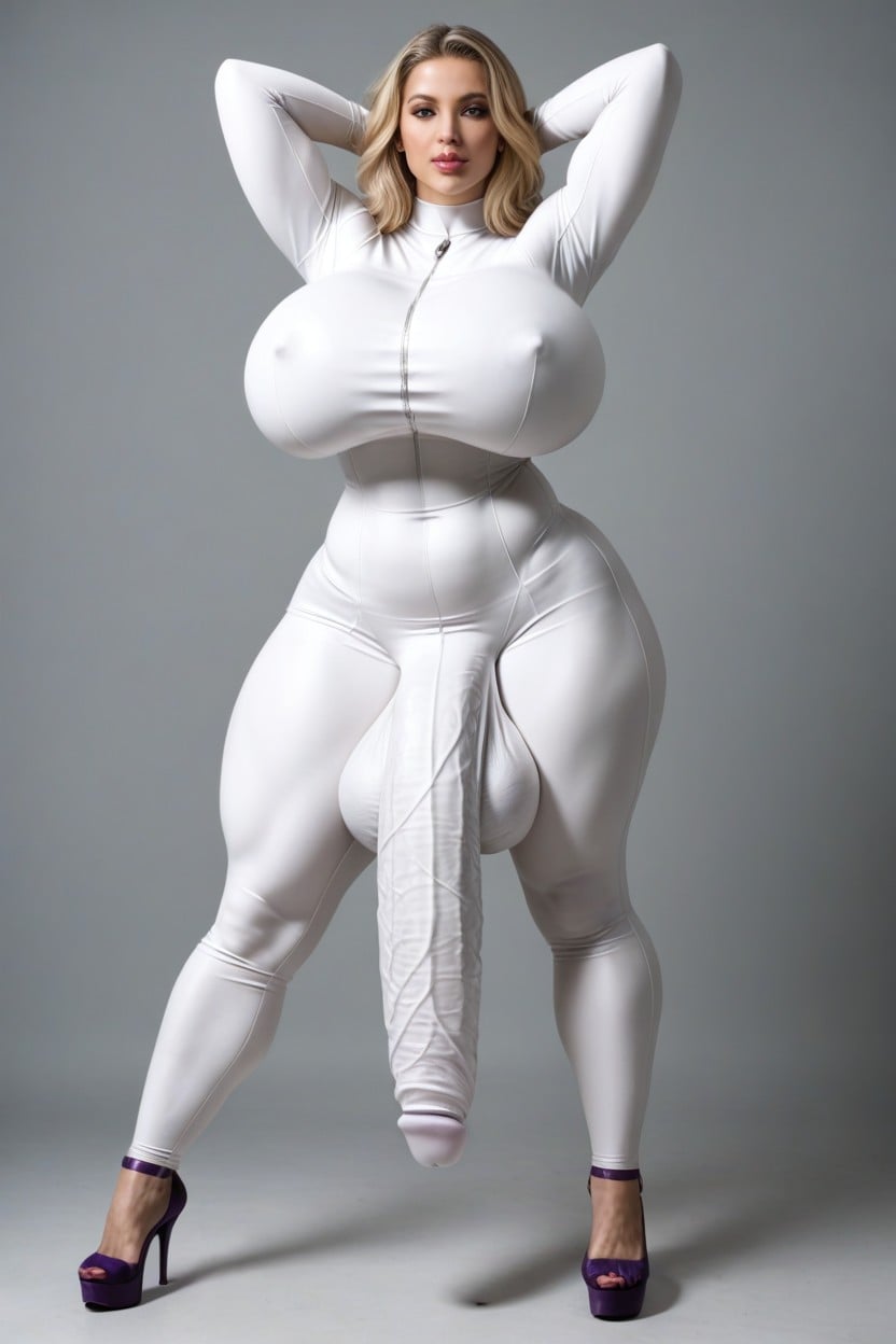 Blonde Hair, Skintight Light Grey Bodysuit, Tight Full Bodysuit Shemale AI Porn