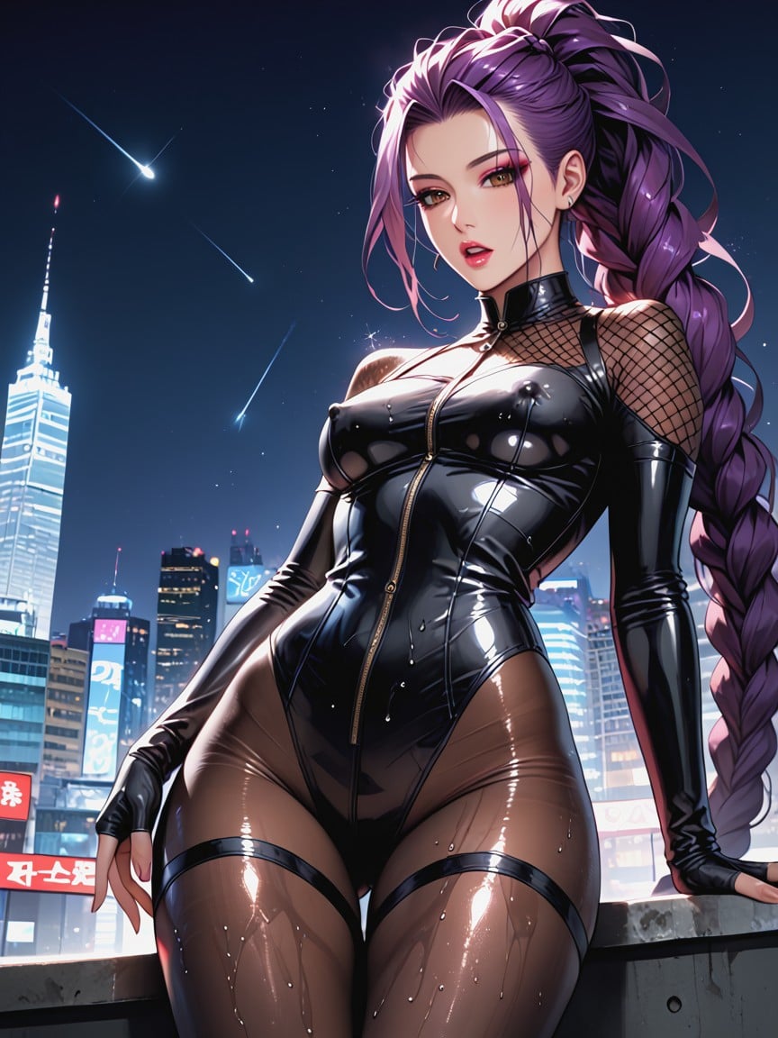 Slicked Hair, High Ponytail Braid Extends From Forehead, Ornate Metallic Details On Bodystocking Hentai AI Porn