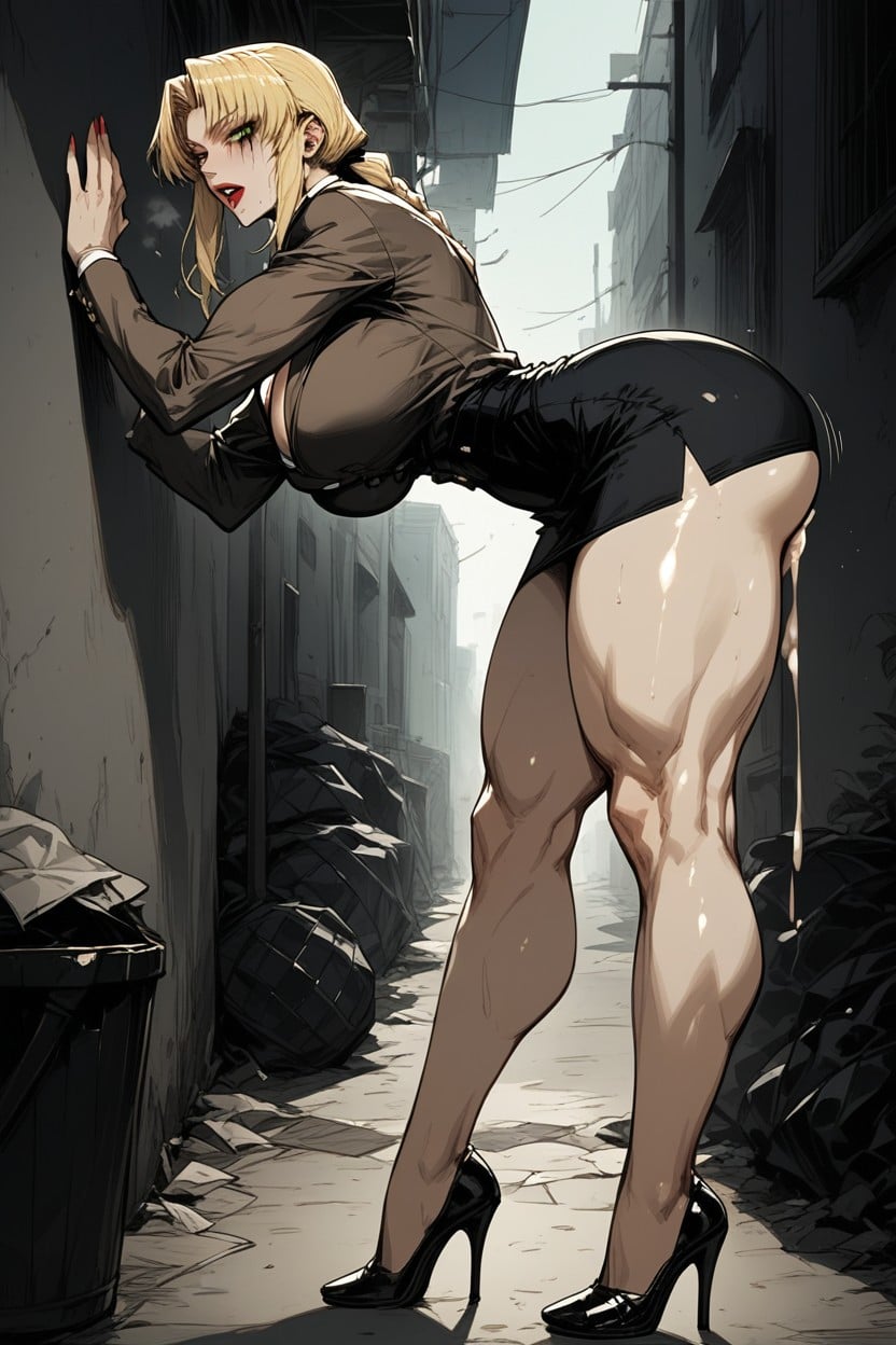 Brown Blazer Over Dress, Red Lipstick, Bending Over Hentai AI Porn
