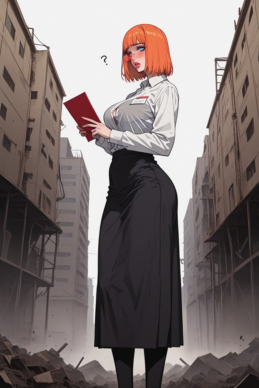 Bob Haircut Style, Holding Papers In Hands, Black Tight Skirt Hentai AI Porn