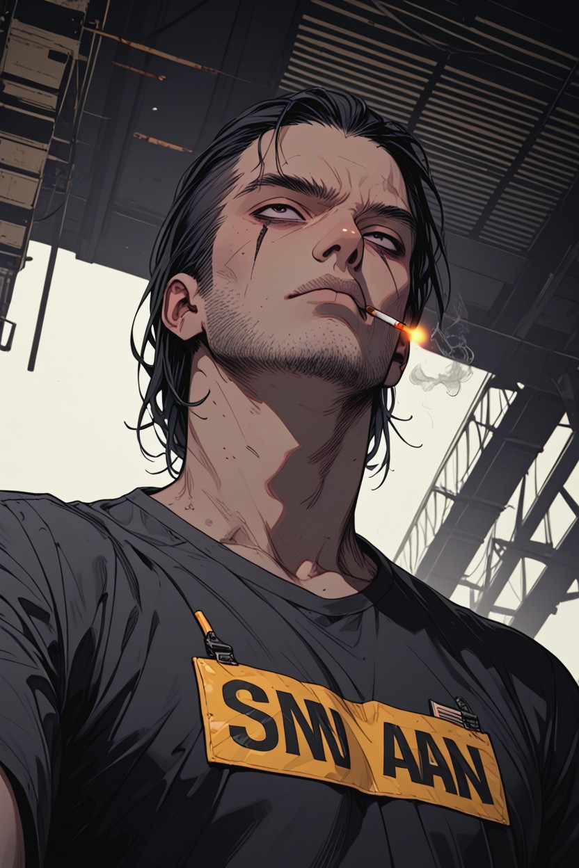 Broad-shouldered Male, Looking Up, Dusty Atmosphere Hentai AI Porn