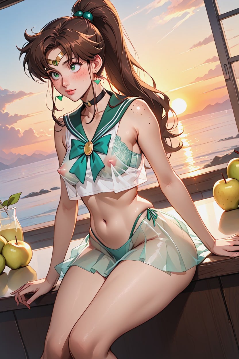Sitting On Counter, Translucent Skirt, Prominent Hip AI Porn