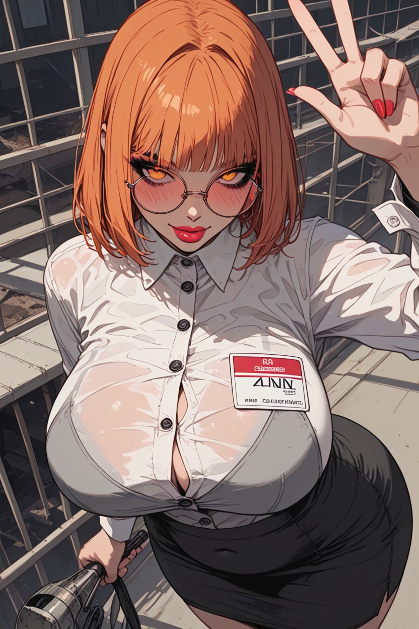 Close Up, Workers In Hard Hats And Orange Safety Vests, Half-built Concrete Skyscraper Hentai AI Porn