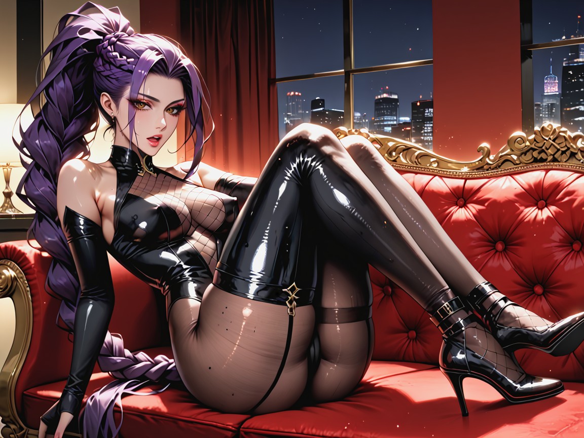 Slicked Hair, Long Sleeves With Fingerless Gloves, Large Sleek Penthouse Living Room On Top Of Skyscraper With A Central Fire Pit Hentai IA