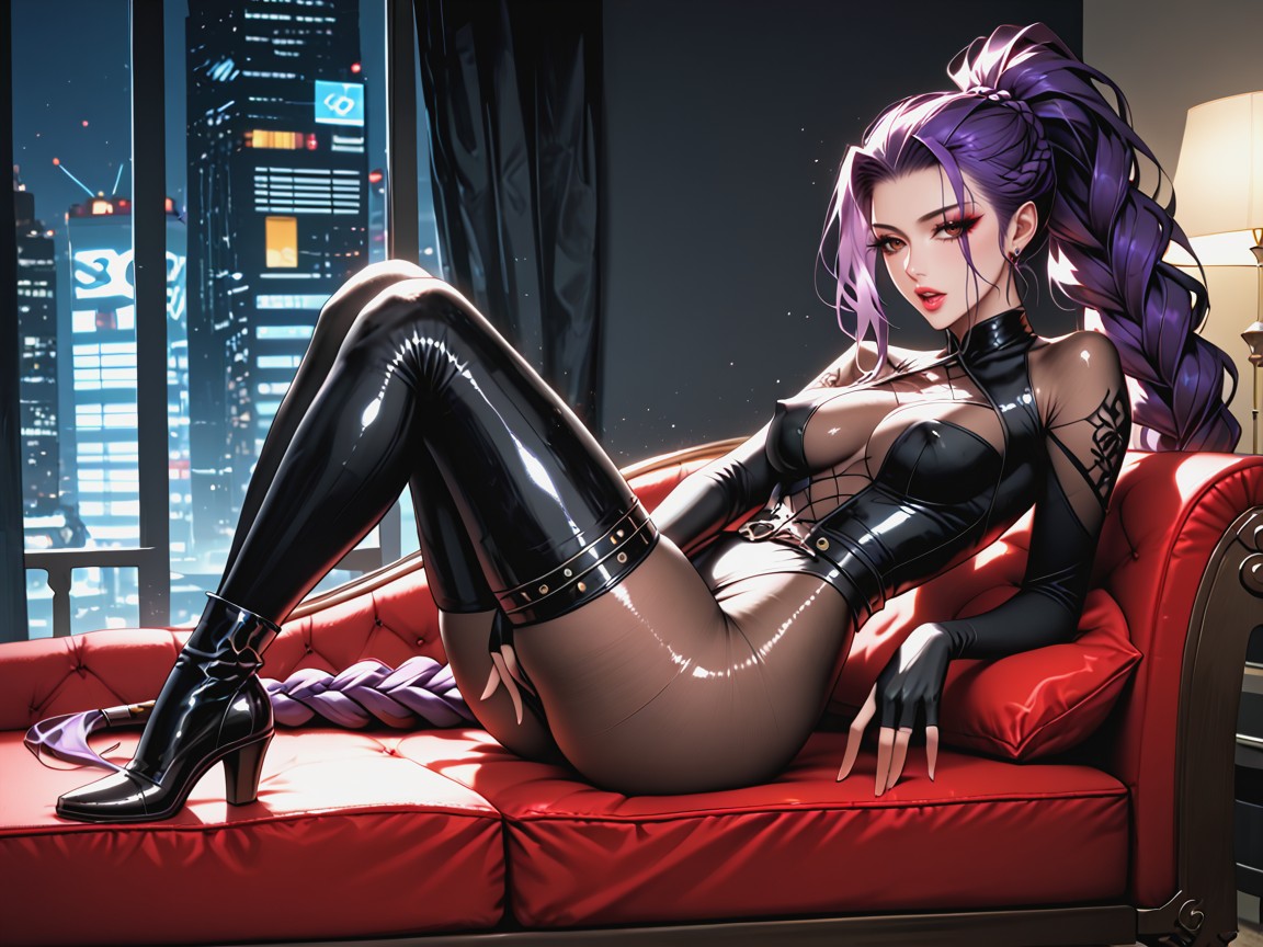 High Resolution, Large Futuristic Penthouse Living Room On Top Of Skyscraper With A Central Fire Pit, Smoky Eyeshadow Hentai AI Porn