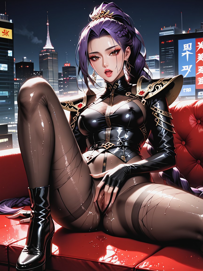 Curved Shoulder Pads, Massive Knee Length Ponytail Braid, Fancy Black Leather Ankle Boots Hentai AI Porn