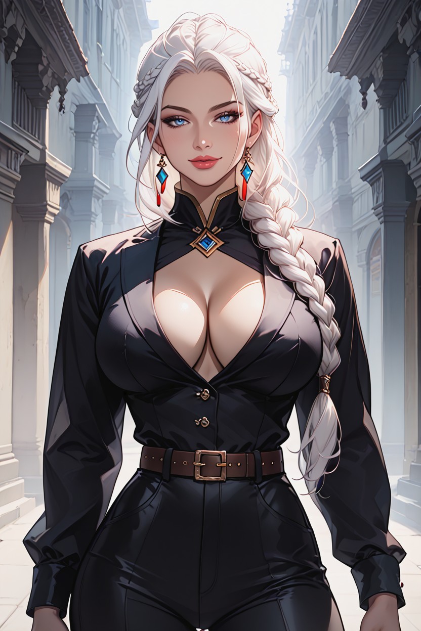Wide Belt With Oval Buckle, Long Sleeve Blouse, Extremely Beautiful Hentai AI Porn
