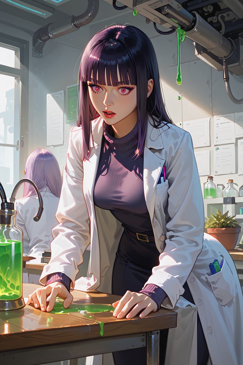 Standing Behind A Table, Eerie Atmosphere, Medium Breast Hentai AI Porn