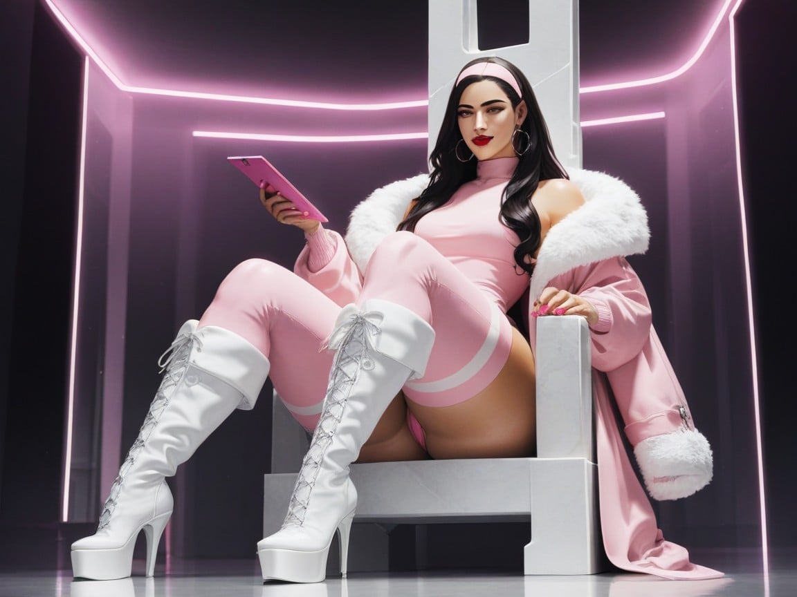 Neon Pink Holograms, Black Hair, White Fur Boots AI Porn
