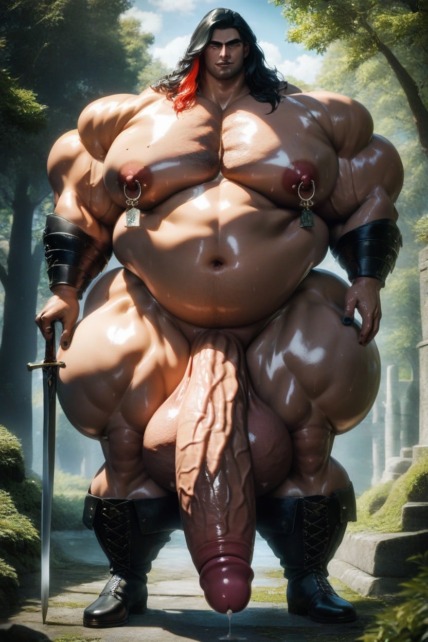 Black Hair With Red Highlights, Broad Shoulders, Open Clothes AI Gay Porn