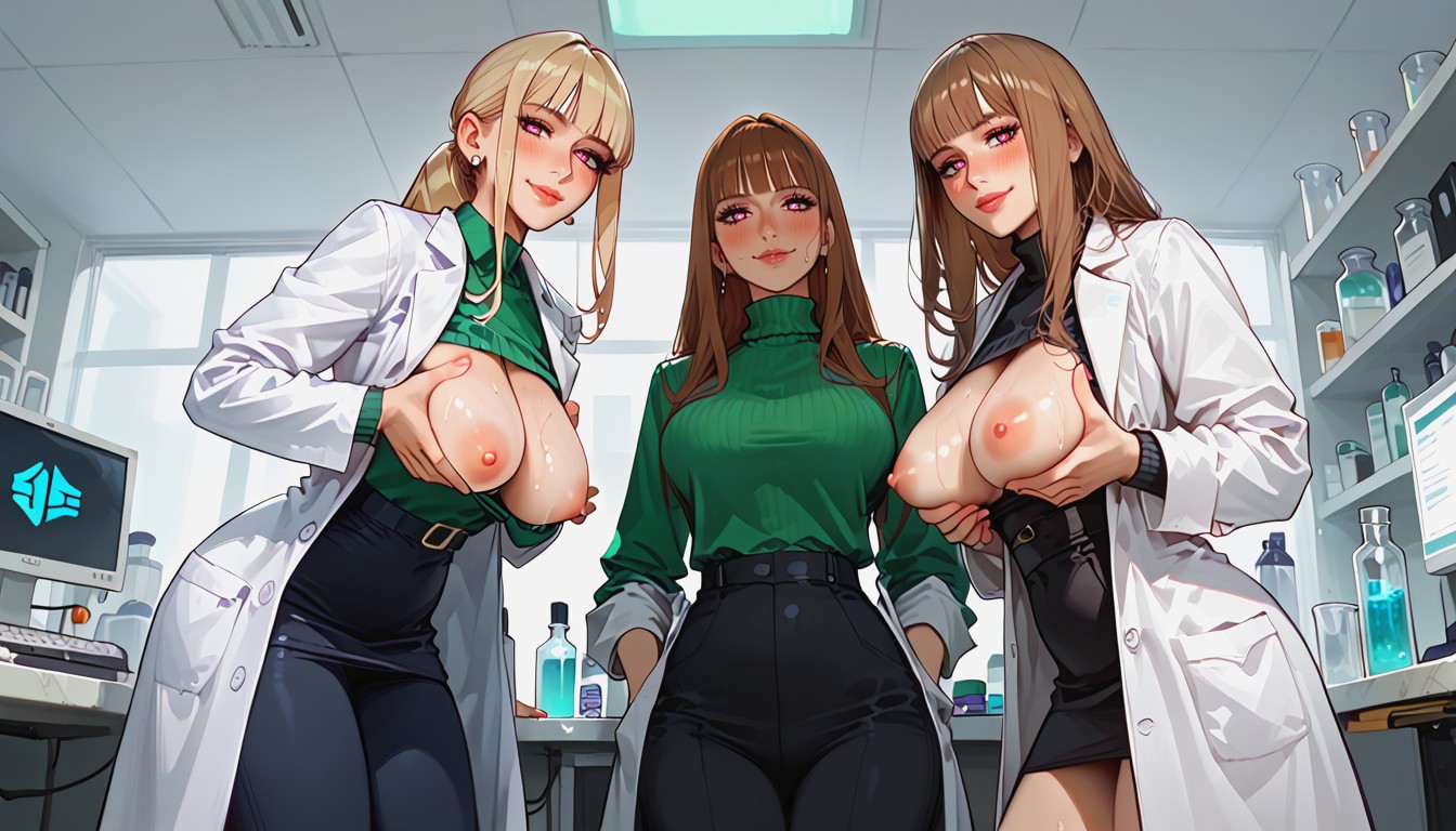 Lady With Green Shirt, Skinny, Lady With Black Pencil Skirt Hentai AI Porn