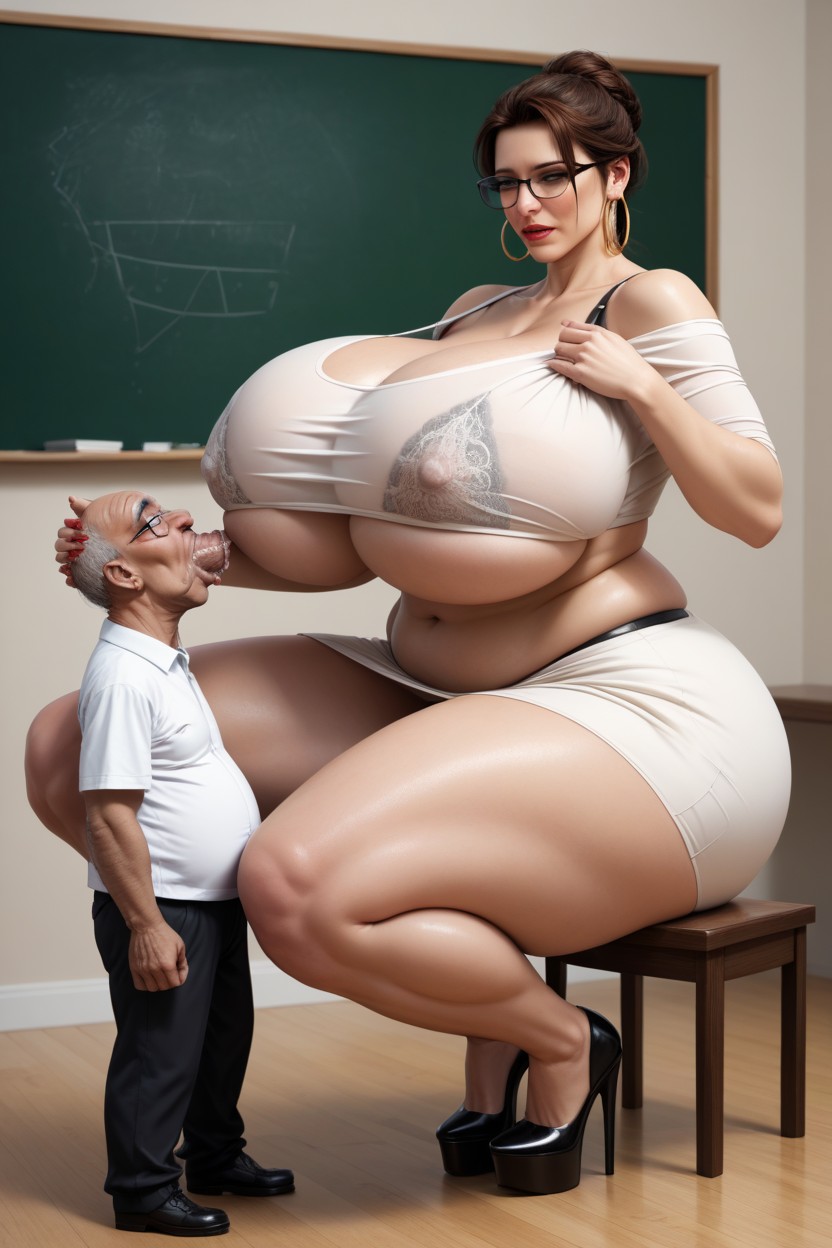 White T Shirt Lifted Over Her Breasts, Black Bra, Ugly Old Bald Man Groping Porno IA