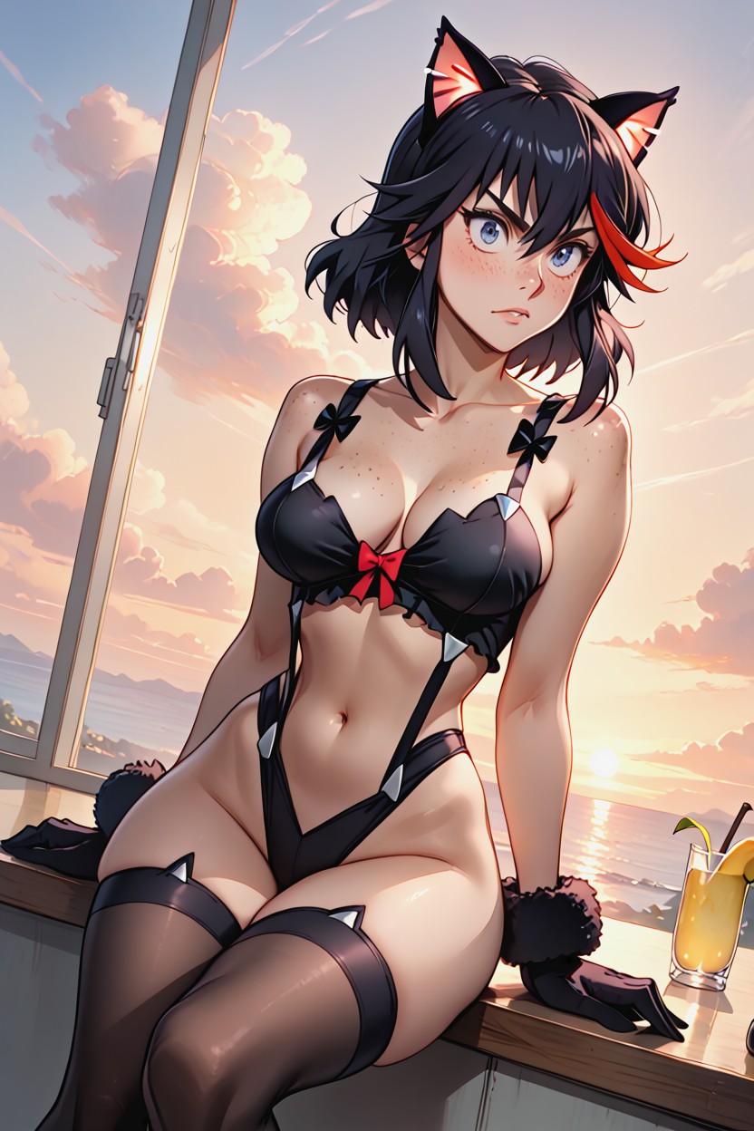 Extra Wide Eyes, Large Blackcat Paw Gloves, Pear Shape Body AI Porn