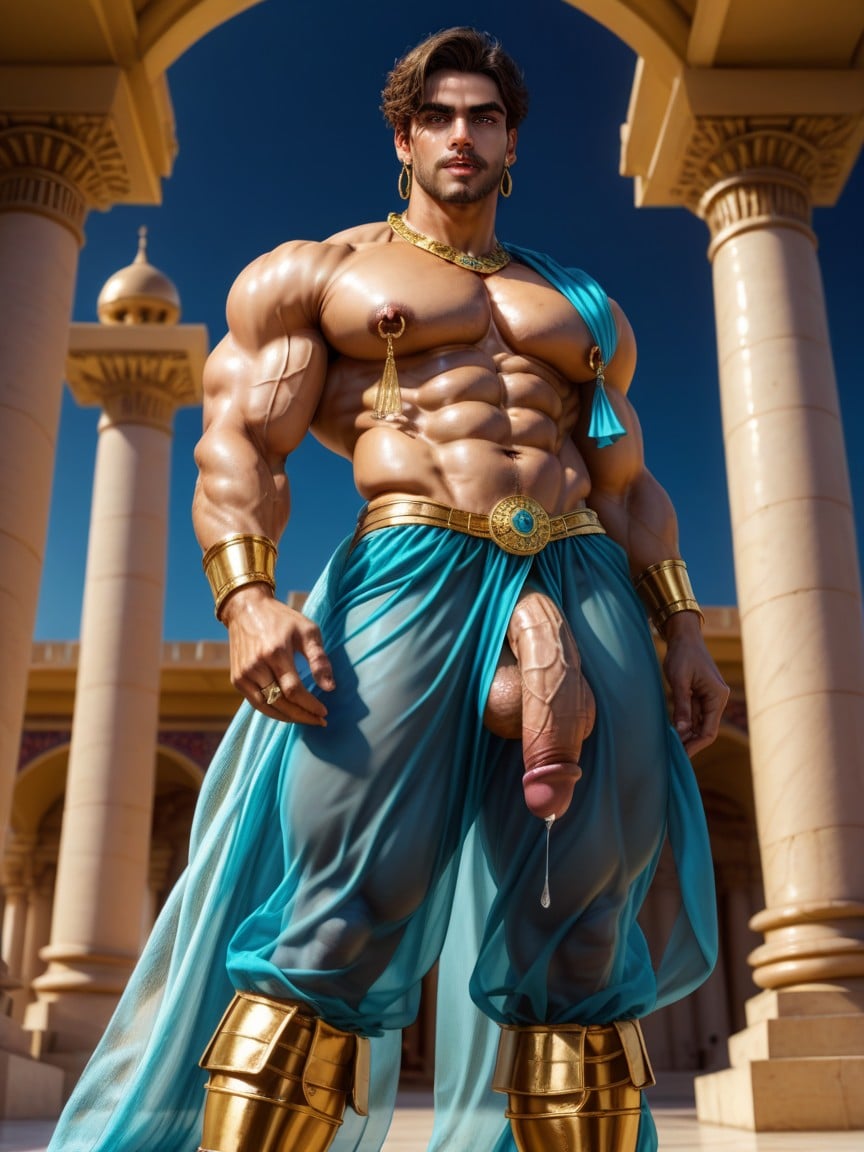 Detailed Features, Palace Harem Chamber With Cascading Water Pools, Precum Flowing From Penis Head AI Gay Porn