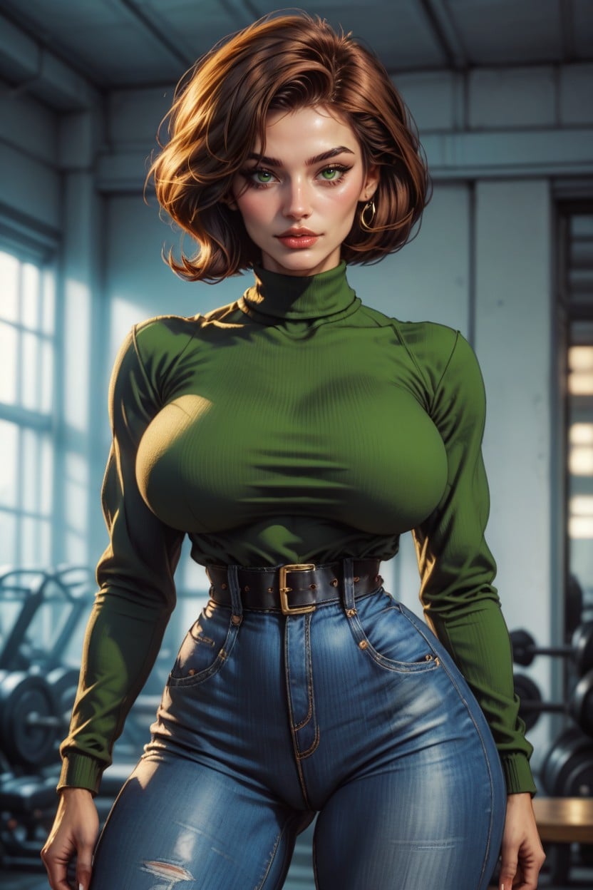 Extreme Wasp Waist, Highly Detailed Realistic Green Eyes, Sweater AI Porn