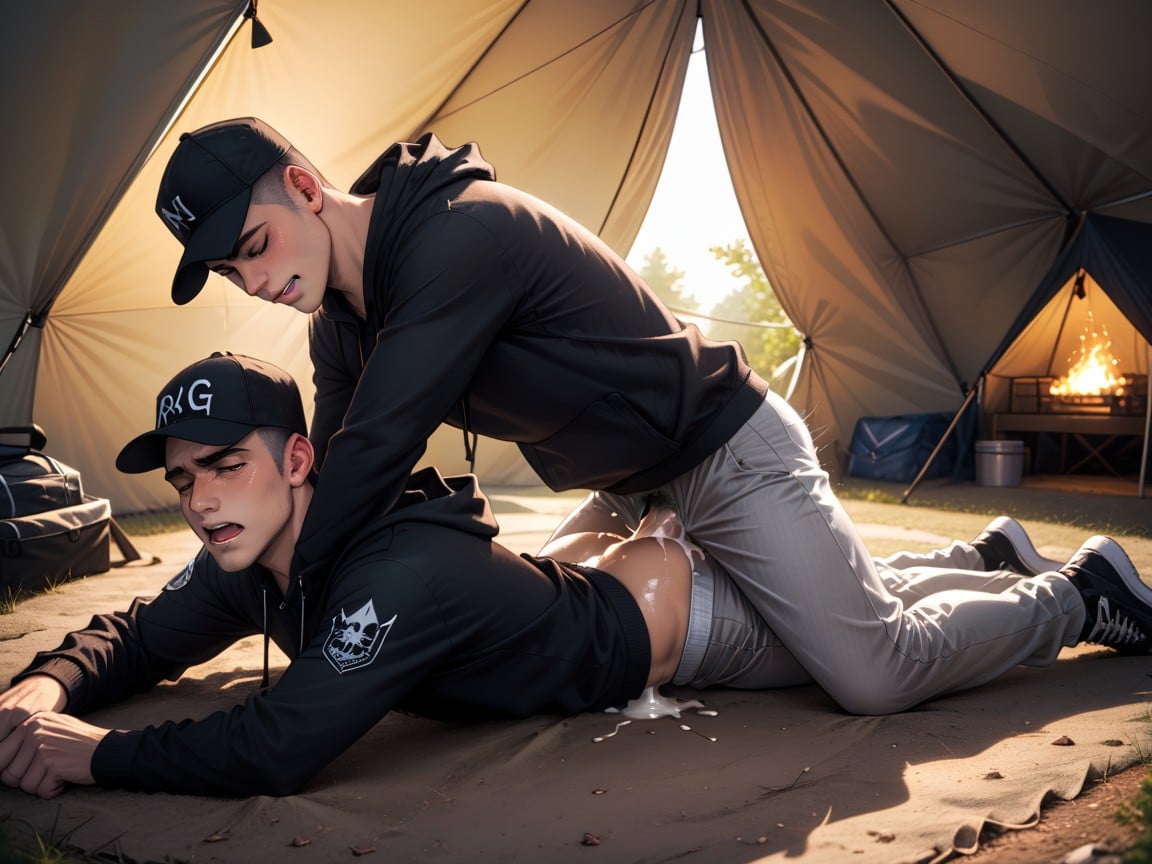 In A Camping Tent, Very Detailed Face, Showing Penetration AI Gay Porn