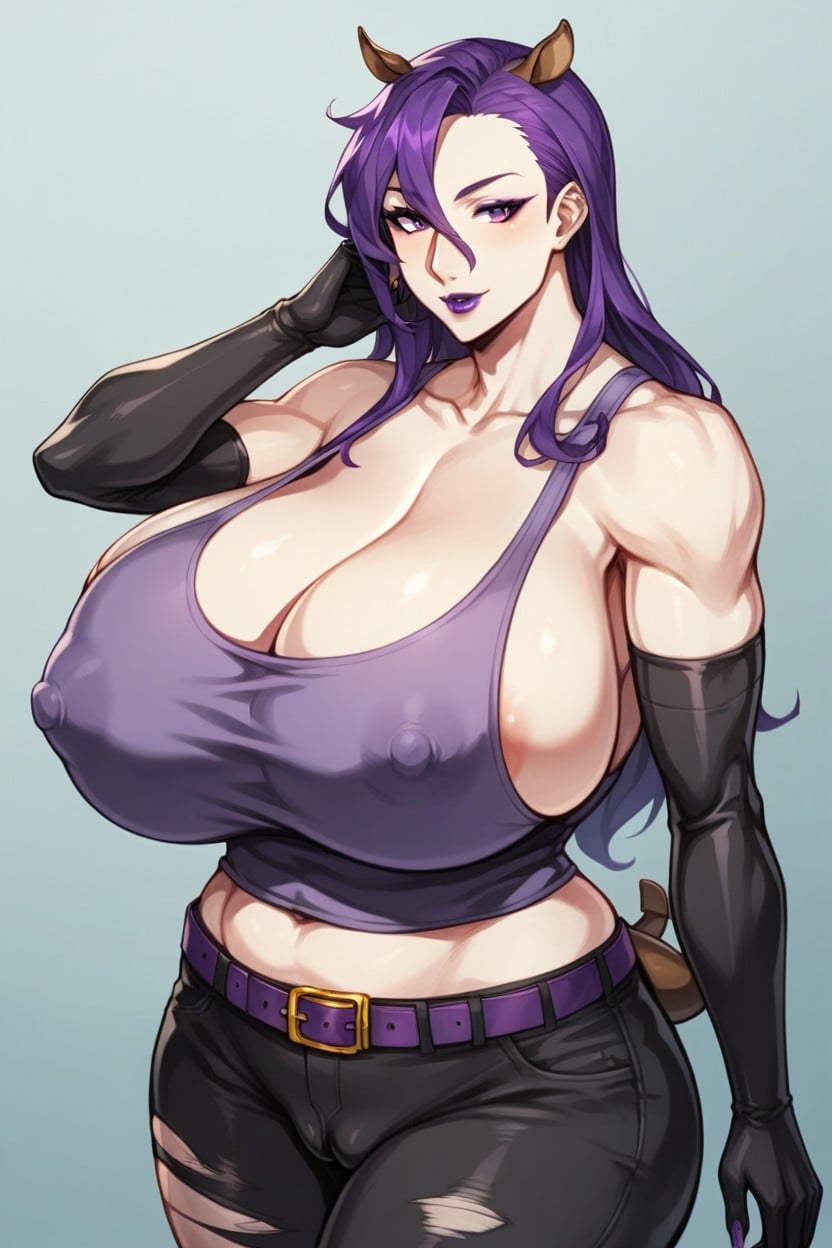 Purple Top, Asymmetrical Pants, Elbow Gloves Hentai AI Porn