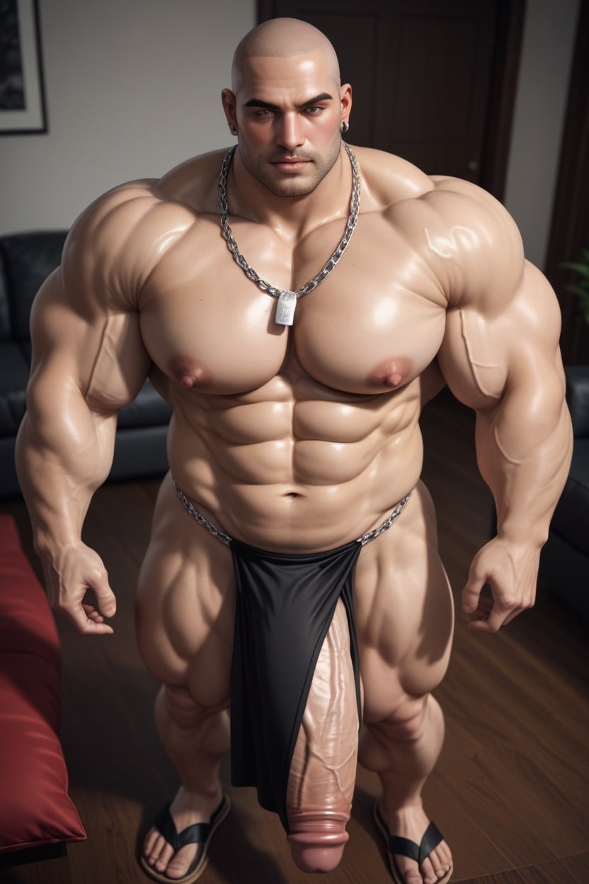 Big Bloated Abs, One Naked, Wearing A Silver Chain Necklace AI Gay Porn