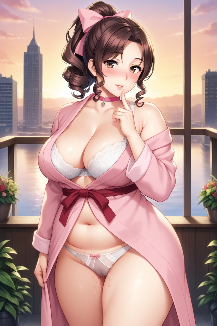 Brown Eyes, Pink Bathrobe, Exposed Thighs Hentai AI Porn