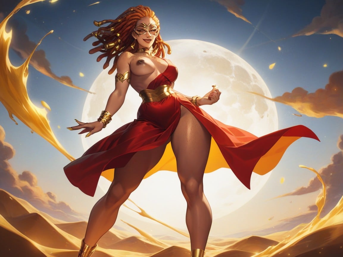 Cloudy Sky Background, Gold Silk Wrap Untied Low At Chest, Brown Lipstick Hentai AI Porn